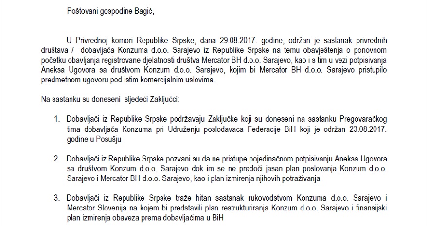  Dobavljači iz RS-a podržavaju zaključke Pregovaračkog tima dobavljača Konzuma BiH pri UPFBiH